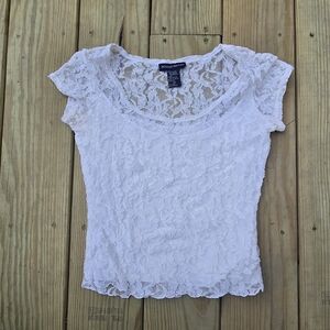 Boston Proper White Lace Scoop Neck Cap Sleeve Top, Size Small